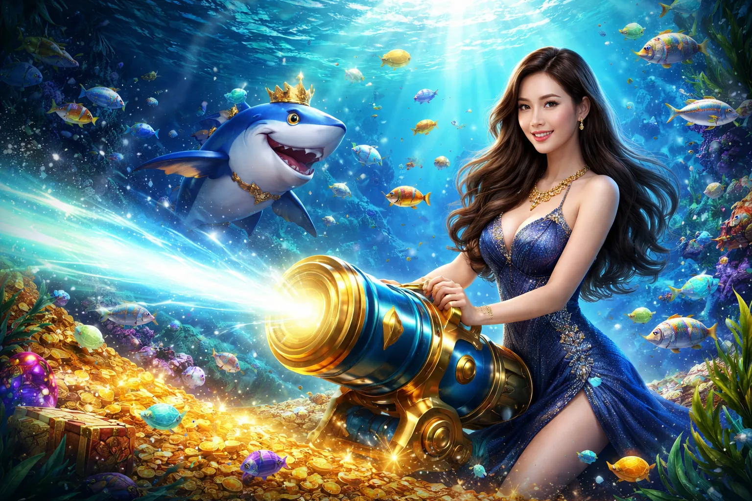 Hình ảnh đại dương rực rỡ với các loài cá và người chơi đang bắn cá tại 79kin